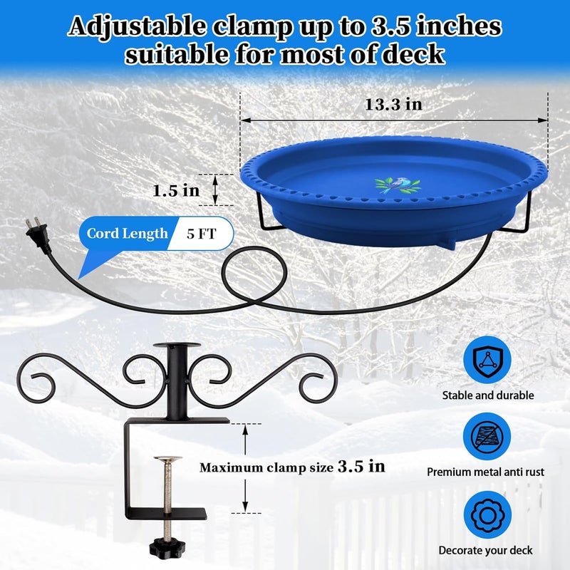 Lovppy Heated Bird Baths for Outdoors for Winter, 100W Heated Bird Bath Water Heater with Thermostatically Controlled, Heated Bird Bath for Deck Railing Outside Garden Patio Yard (Blue) - Image 5